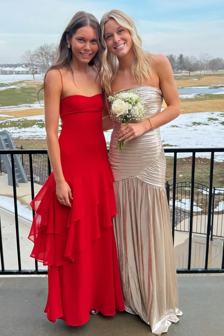 Red Spaghetti Straps Ruffles Sleeveless Lace-Up Long Prom Dress