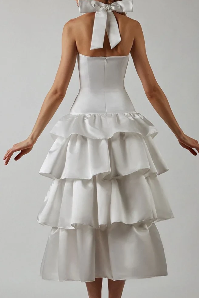 A-Line Halter Tiered Satin Empire-Waist Sleeveless Prom Dress with Bow Modsele A-Line Halter Tiered Satin Empire-Waist Sleeveless Prom Dress with Bow Modsele