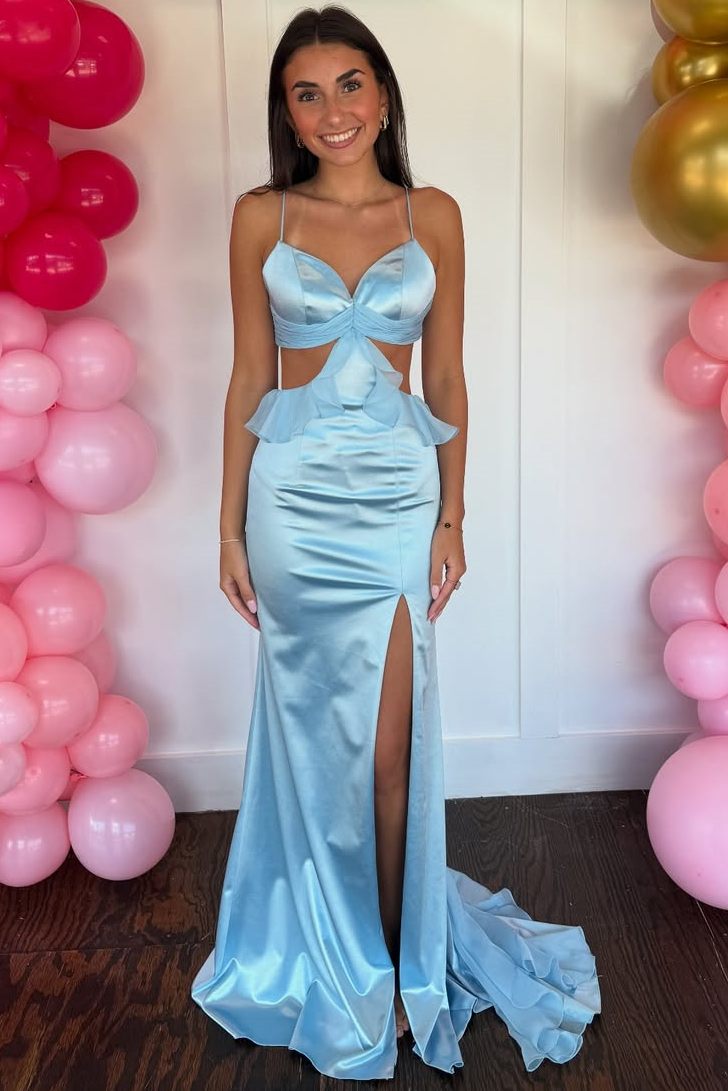 Spaghetti Straps Yellow V-Neck Side Slit Ruffle Long Prom Dress