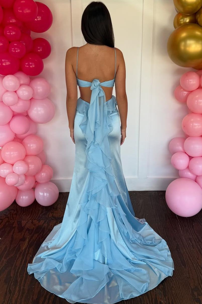 Spaghetti Straps Yellow V-Neck Side Slit Ruffle Long Prom Dress