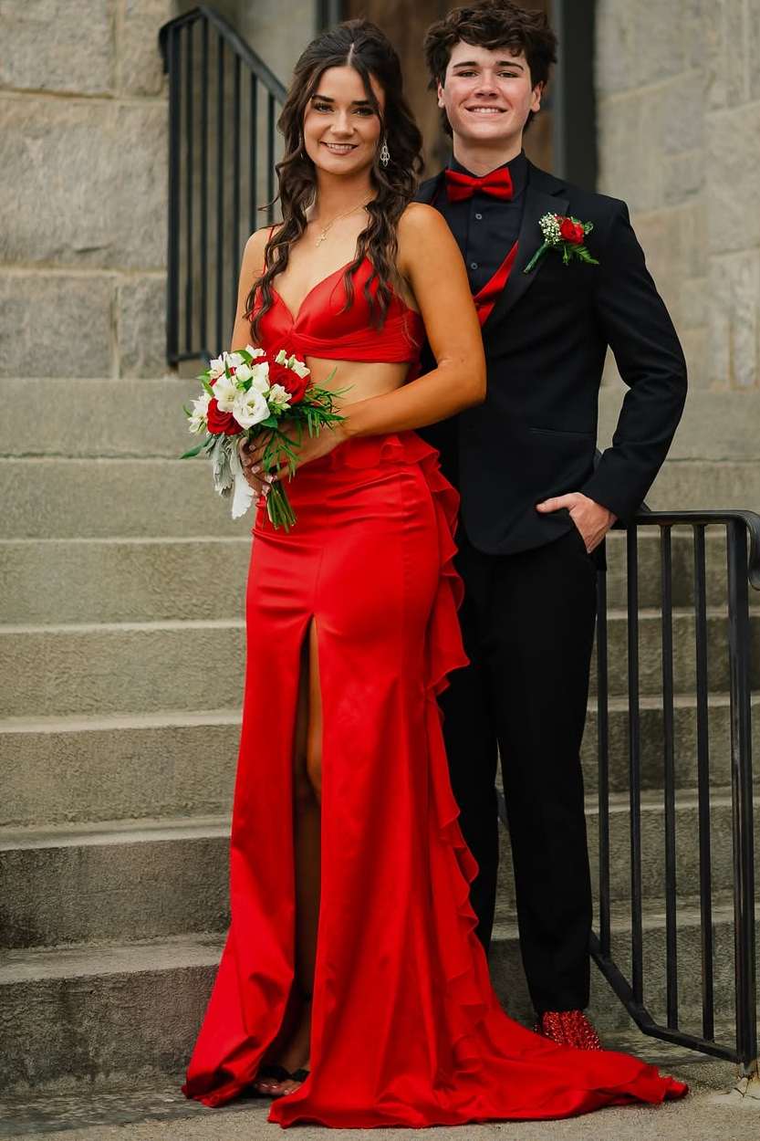 Spaghetti Straps Yellow V-Neck Side Slit Ruffle Long Prom Dress