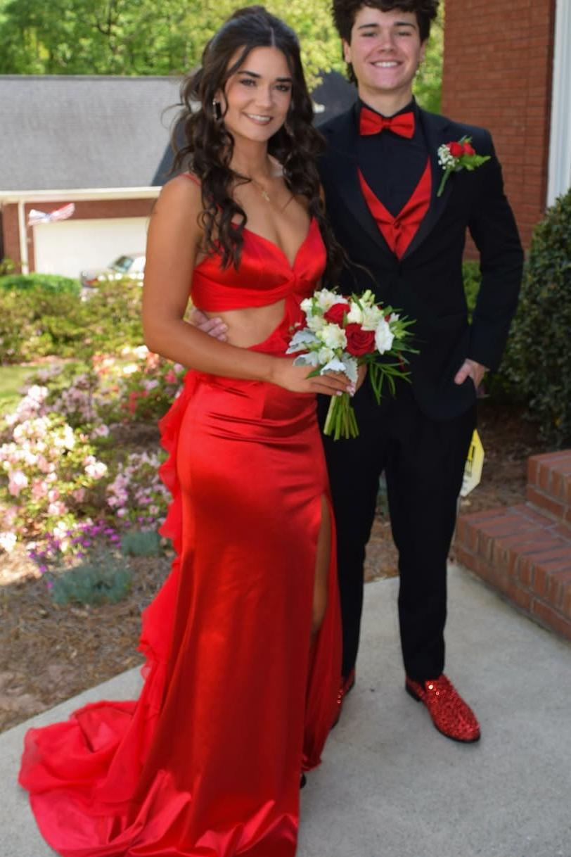 Spaghetti Straps Yellow V-Neck Side Slit Ruffle Long Prom Dress