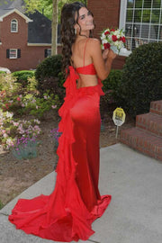 Spaghetti Straps Yellow V-Neck Side Slit Ruffle Long Prom Dress