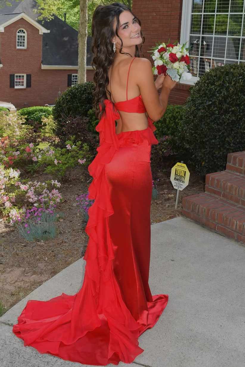 Spaghetti Straps Yellow V-Neck Side Slit Ruffle Long Prom Dress