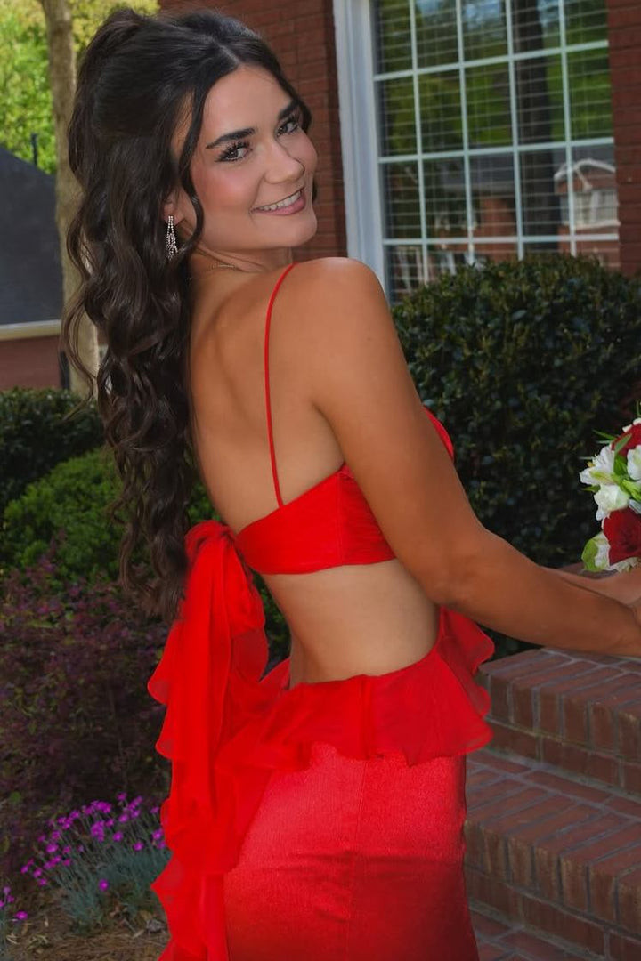 Spaghetti Straps Yellow V-Neck Side Slit Ruffle Long Prom Dress