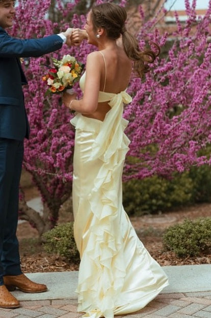 Spaghetti Straps Yellow V-Neck Side Slit Ruffle Long Prom Dress