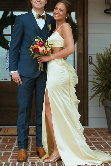 Spaghetti Straps Yellow V-Neck Side Slit Ruffle Long Prom Dress