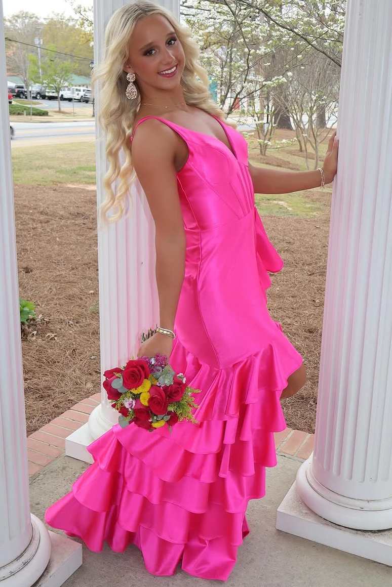 Pink V-Neck Straps Ruffles Satin Mermaid Long Prom Dress with Slit
