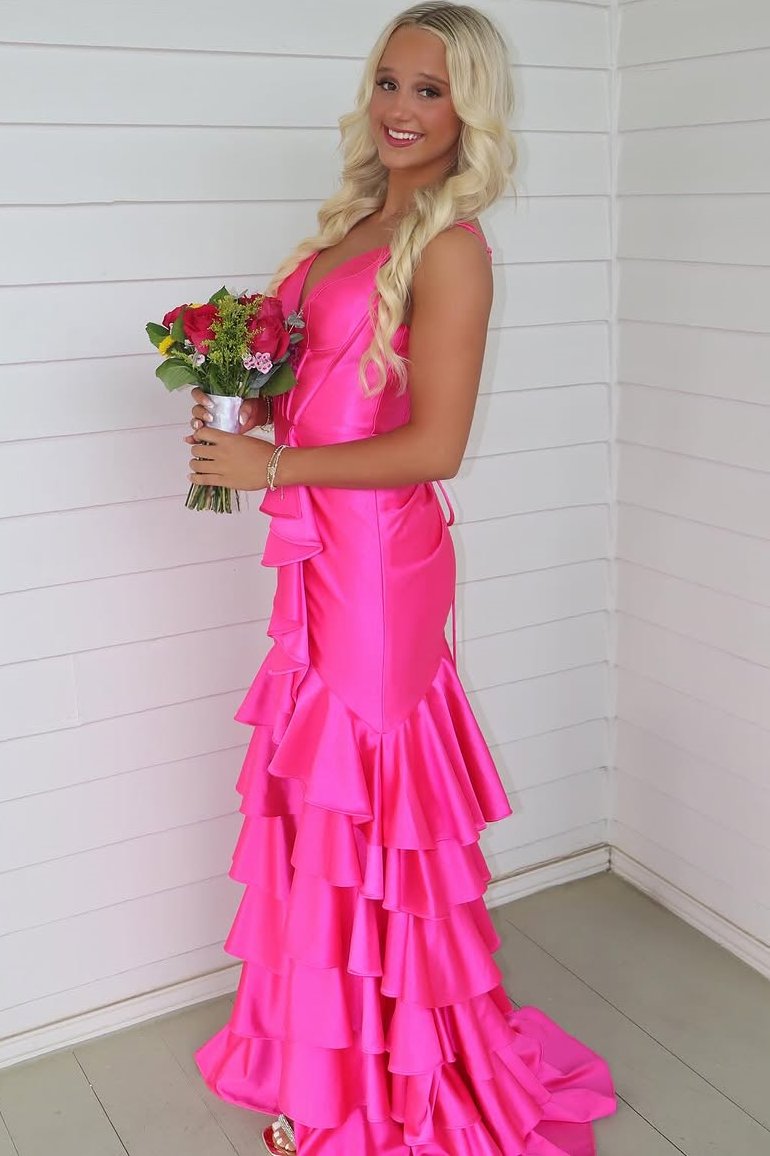 Pink V-Neck Straps Ruffles Satin Mermaid Long Prom Dress with Slit