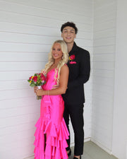 Pink V-Neck Straps Ruffles Satin Mermaid Long Prom Dress with Slit