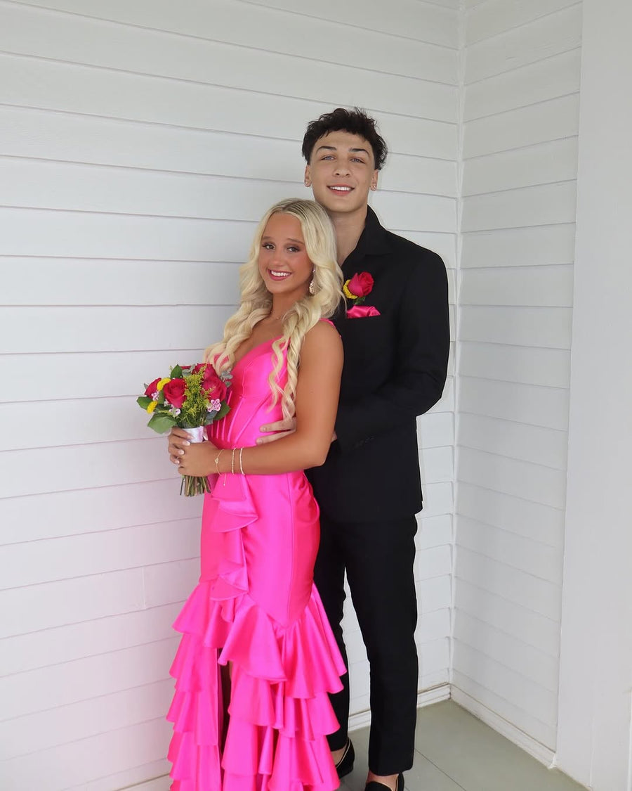Pink V-Neck Straps Ruffles Satin Mermaid Long Prom Dress with Slit