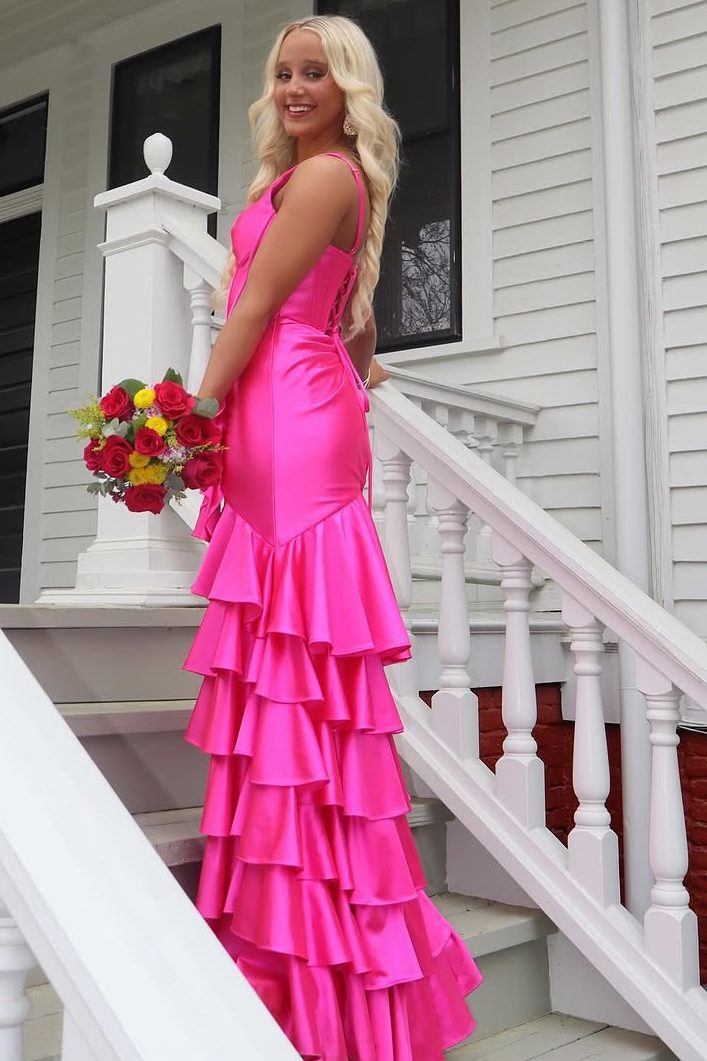 Pink V-Neck Straps Ruffles Satin Mermaid Long Prom Dress with Slit