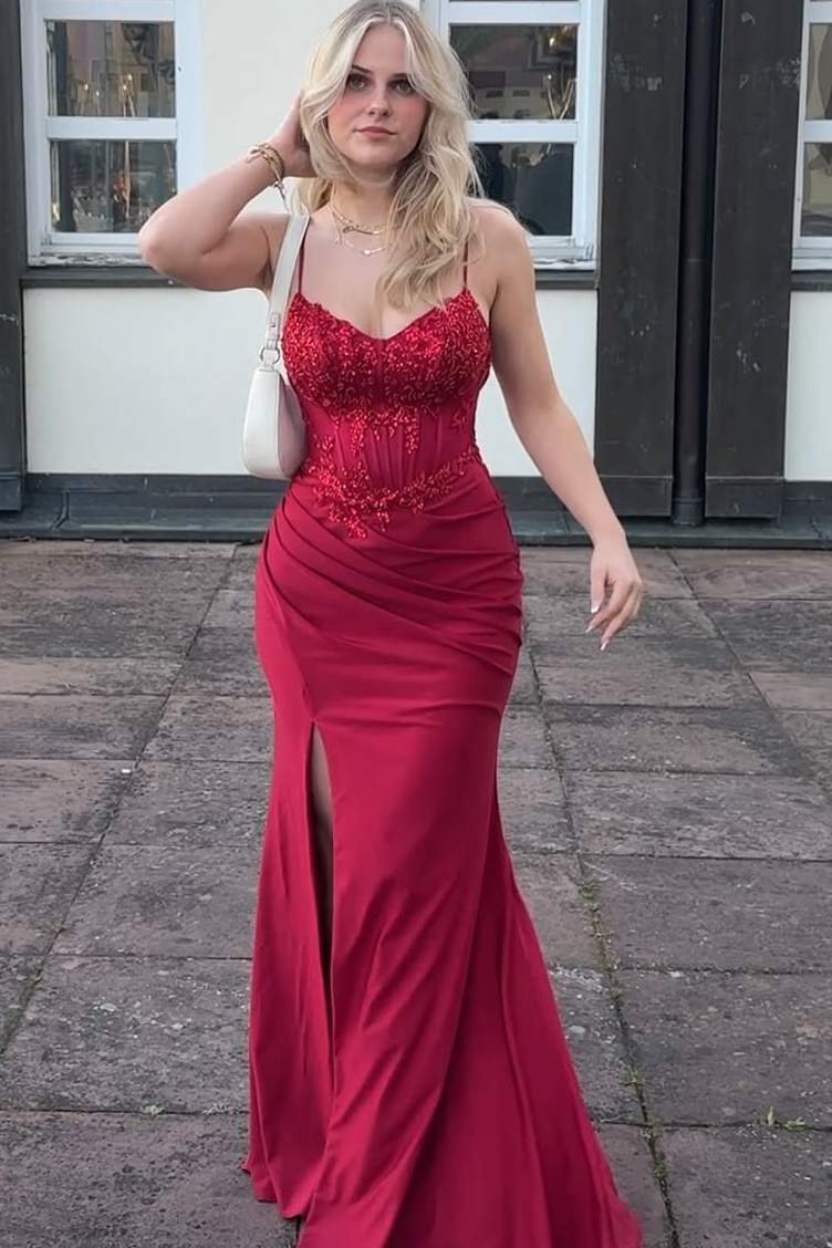Burgundy Spaghetti Straps V-Neck Pleats Mermaid Prom Dress with Slit
