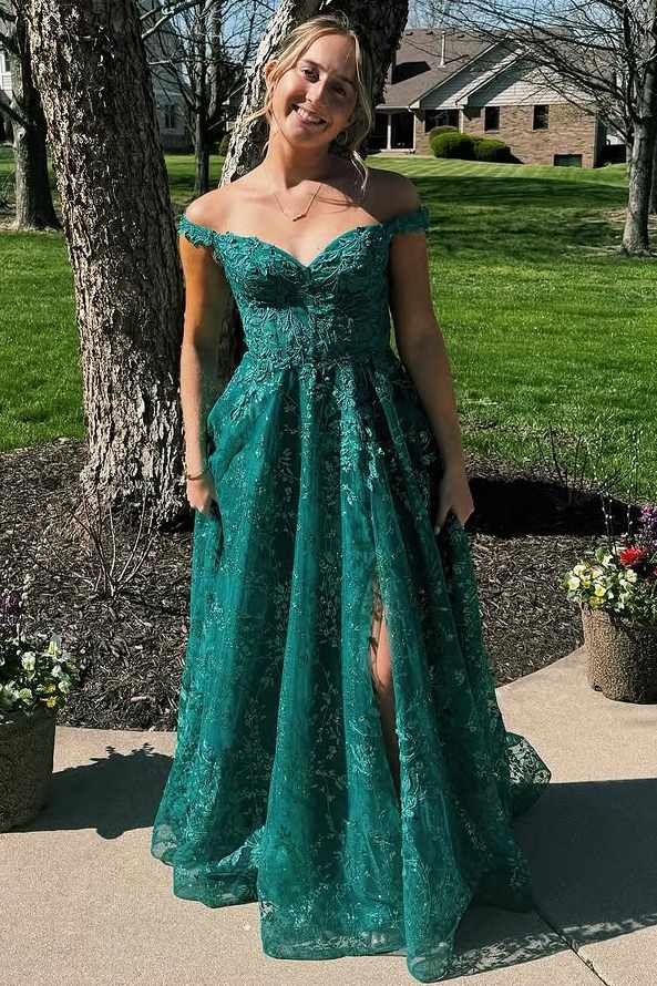 Green Off-Shoulder A-Line Lace Appliques Long Prom Dress with Slit – Modsele