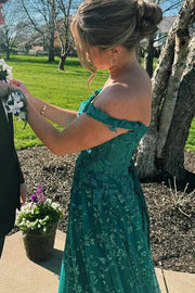 Green Off-Shoulder A-Line Lace Appliques Long Prom Dress with Slit