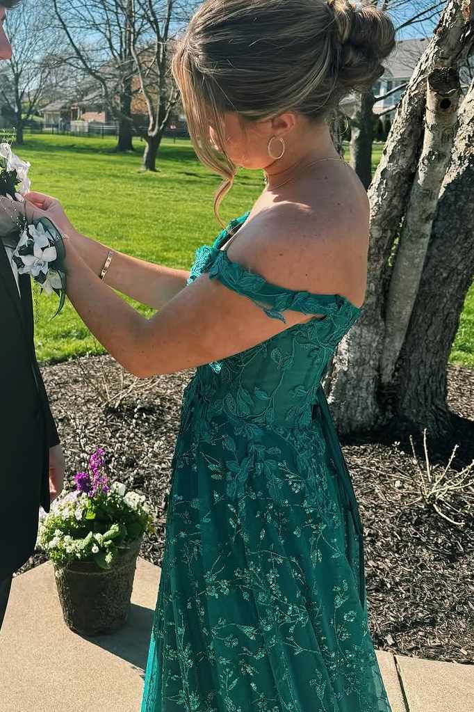 Green Off-Shoulder A-Line Lace Appliques Long Prom Dress with Slit