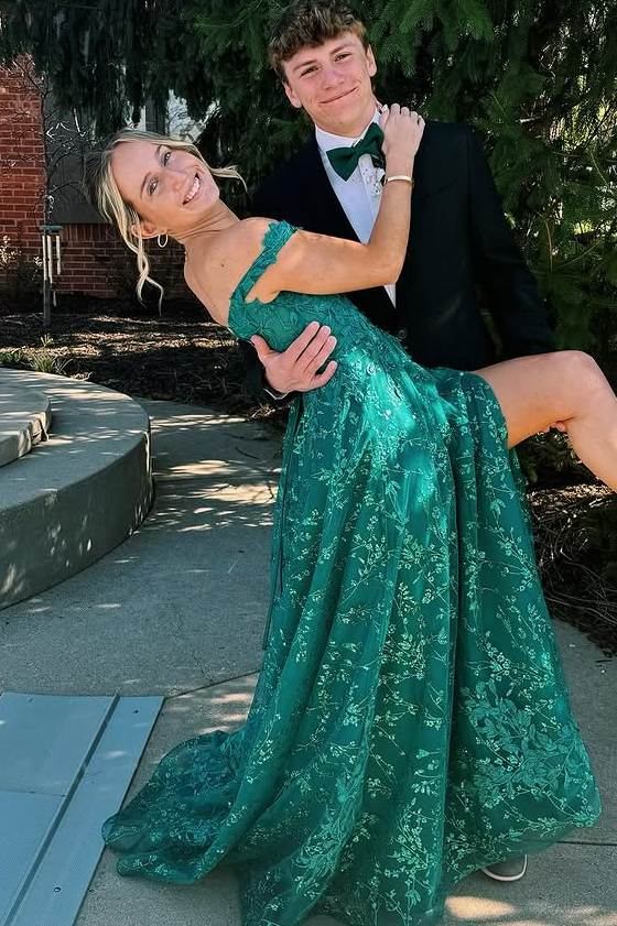 Green Off-Shoulder A-Line Lace Appliques Long Prom Dress with Slit Modsele Green Off-Shoulder A-Line Lace Appliques Long Prom Dress with Slit Modsele