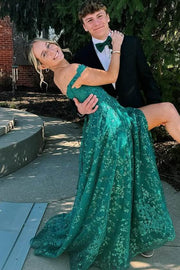 Green Off-Shoulder A-Line Lace Appliques Long Prom Dress with Slit