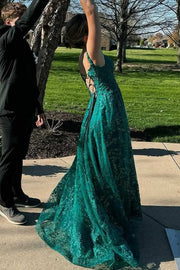 Green Off-Shoulder A-Line Lace Appliques Long Prom Dress with Slit