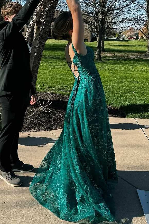 Green Off-Shoulder A-Line Lace Appliques Long Prom Dress with Slit