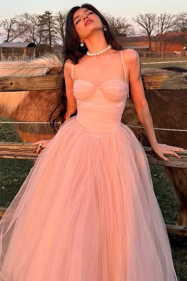 Pink Spaghetti Straps Empire-Waist Tulle Long Prom Party Dress Modsele Pink Spaghetti Straps Empire-Waist Tulle Long Prom Party Dress Modsele