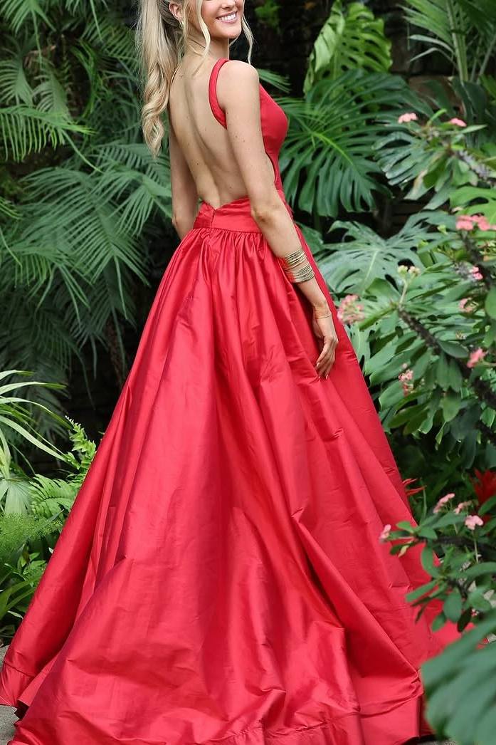 A-Line Deep V-Neck Empire-Waist Sleeveless Satin Prom Dress with Slit Modsele A-Line Deep V-Neck Empire-Waist Sleeveless Satin Prom Dress with Slit Modsele