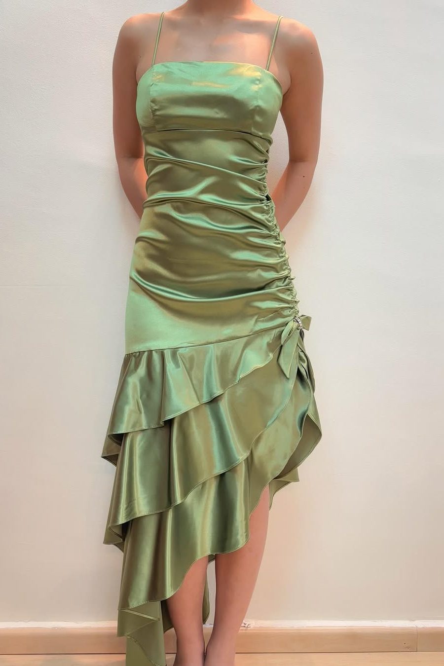 Green Spaghetti Straps Ruffles Sleeveless Long Prom Dress with Slit Modsele Green Spaghetti Straps Ruffles Sleeveless Long Prom Dress with Slit Modsele