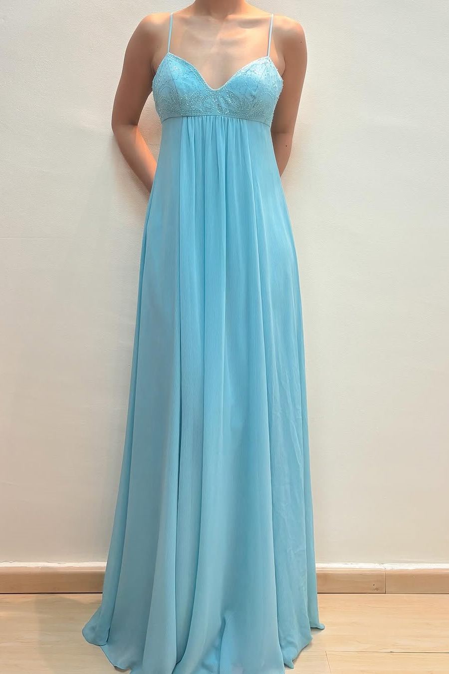 Spaghetti Straps A-Line V-Neck Appliques Pleated Chiffon Prom Dress
