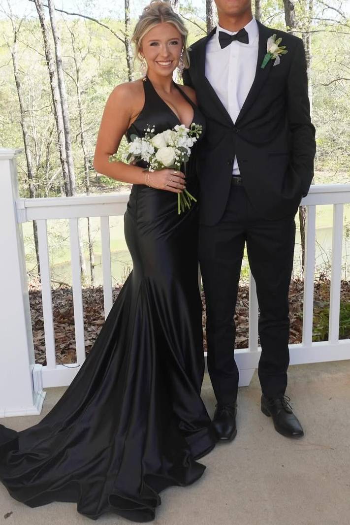 Classy Halter Deep V-Neck Satin Mermaid Prom Formal Dress with Slit Modsele Classy Halter Deep V-Neck Satin Mermaid Prom Formal Dress with Slit Modsele