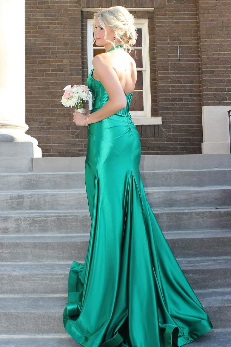 Classy Halter Deep V-Neck Satin Mermaid Prom Formal Dress with Slit Modsele Classy Halter Deep V-Neck Satin Mermaid Prom Formal Dress with Slit Modsele