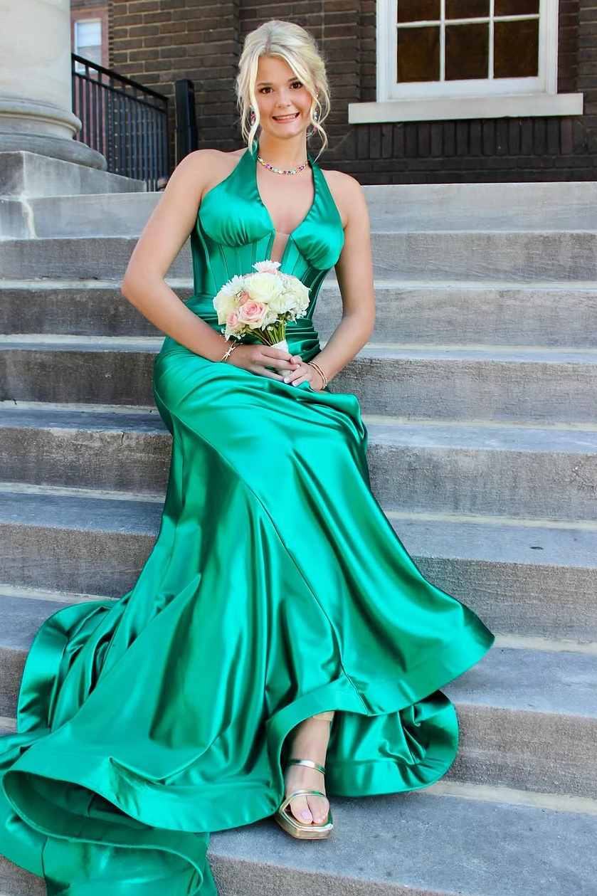 Classy Halter Deep V-Neck Satin Mermaid Prom Formal Dress with Slit –  Modsele