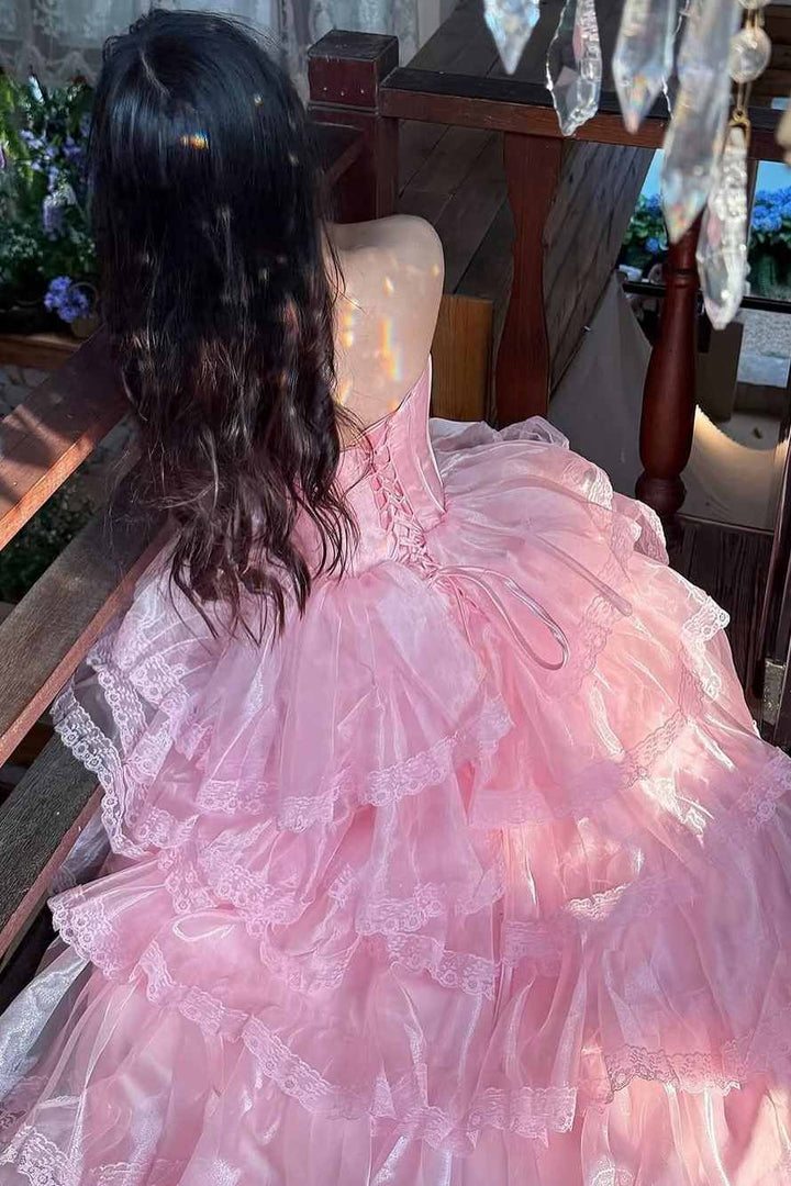 Pink A-Line Strapless Empire-Waist Layered Long Prom Dress