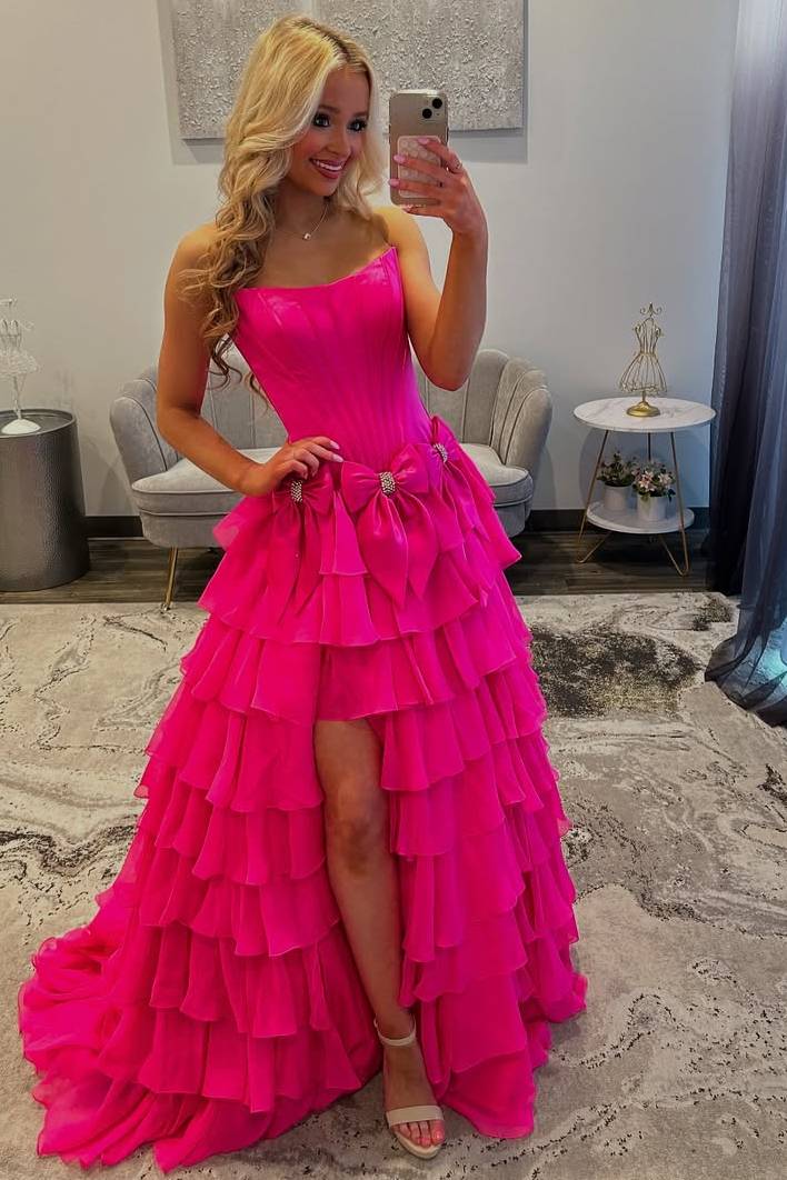 A-Line Strapless Scoop Empire-Waist Layered Prom Dress with Bows