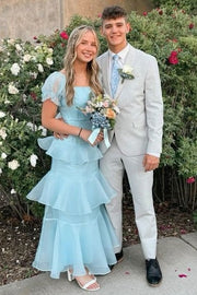 Elegant Blue Ruffles Short Sleeves Long Formal Prom Dress