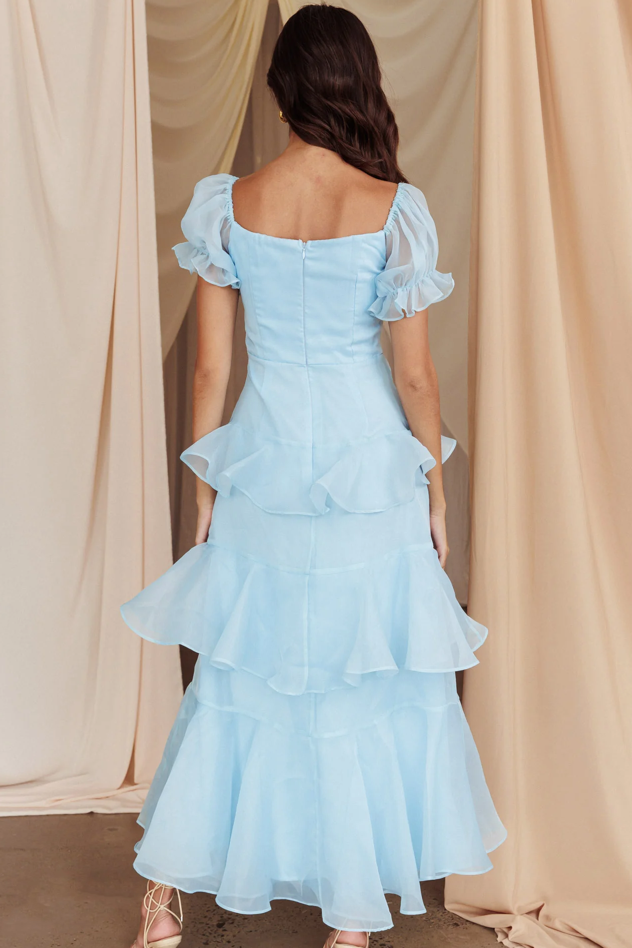 Elegant Blue Ruffles Short Sleeves Long Formal Prom Dress