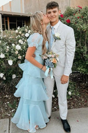 Elegant Blue Ruffles Short Sleeves Long Formal Prom Dress