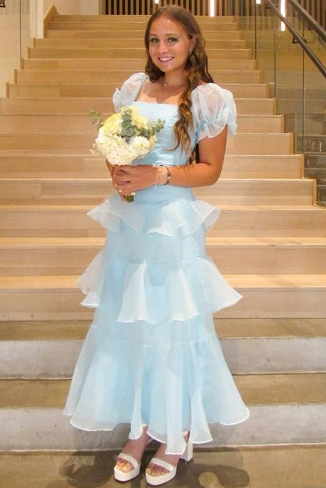 Elegant Blue Ruffles Short Sleeves Long Formal Prom Dress