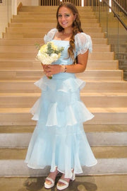 Elegant Blue Ruffles Short Sleeves Long Formal Prom Dress