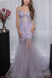 Lilac Strapless V-Neck Lace Appliques Mermaid Long Prom Dress with Slit