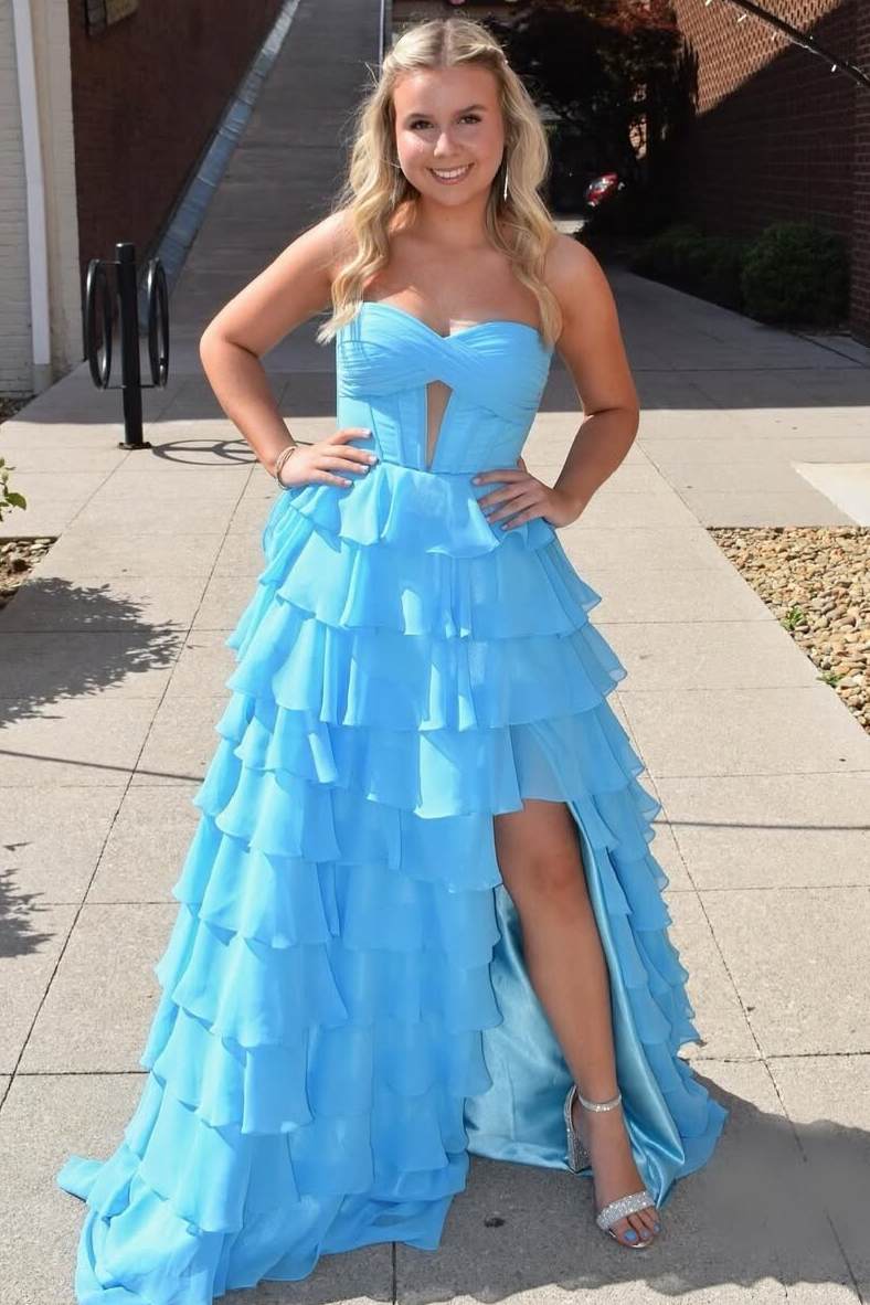 A-Line Strapless Empire-Waist Layered Chiffon Prom Dress with Slit – Modsele