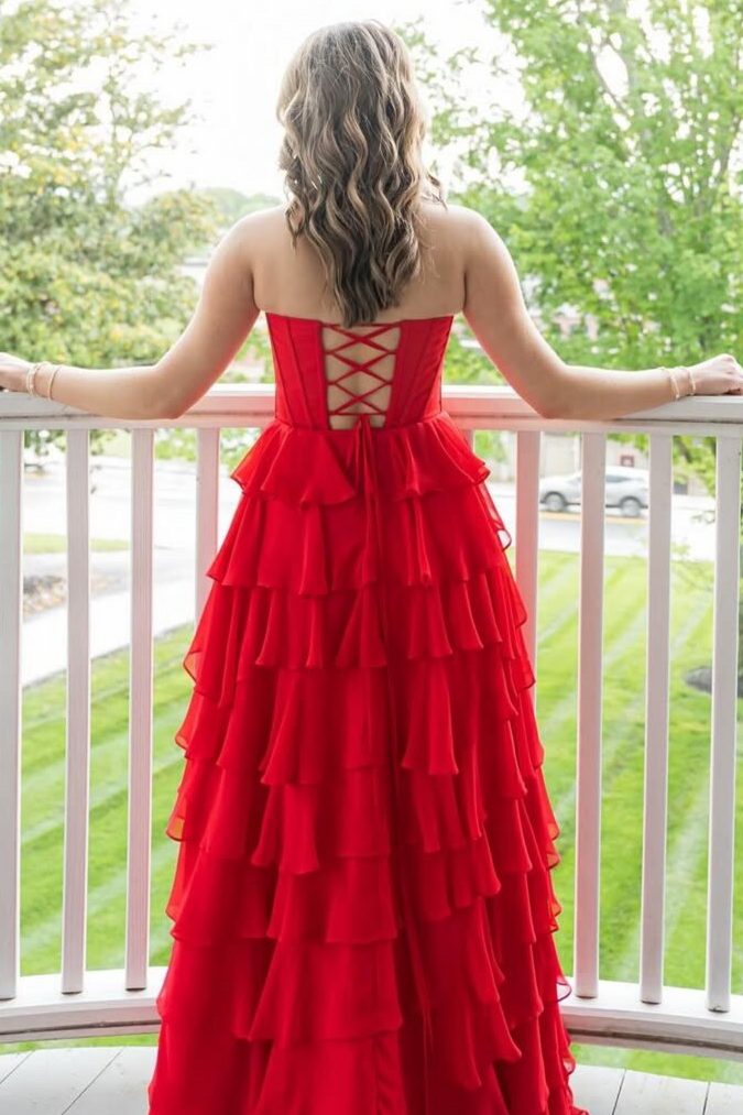 A-Line Strapless Empire-Waist Layered Chiffon Prom Dress with Slit Modsele A-Line Strapless Empire-Waist Layered Chiffon Prom Dress with Slit Modsele
