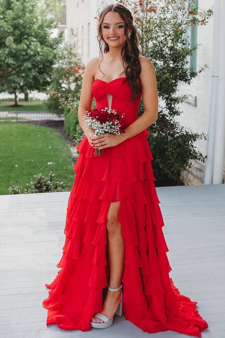 A-Line Strapless Empire-Waist Layered Chiffon Prom Dress with Slit Modsele A-Line Strapless Empire-Waist Layered Chiffon Prom Dress with Slit Modsele