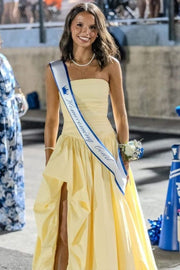 Classy Yellow A-Line Strapless Empire-Waist Satin Long Prom Dress with Slit