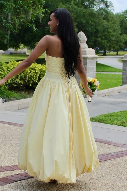 Classy Yellow A-Line Strapless Empire-Waist Satin Long Prom Dress with