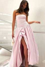 Classy Yellow A-Line Strapless Empire-Waist Satin Long Prom Dress with Slit