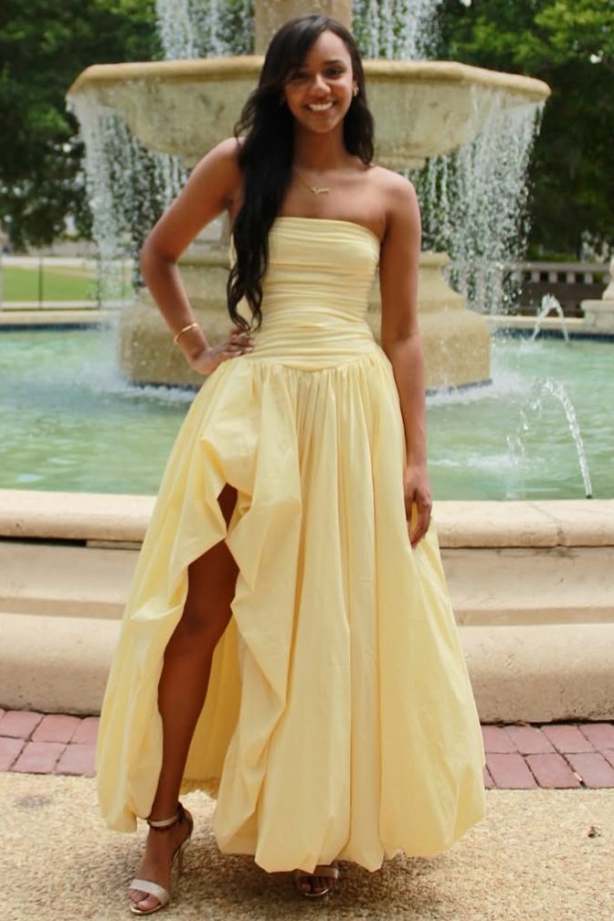 classy yellow dress Classy Yellow A-Line Strapless Empire-Waist Satin Long Prom Dress with – Modsele