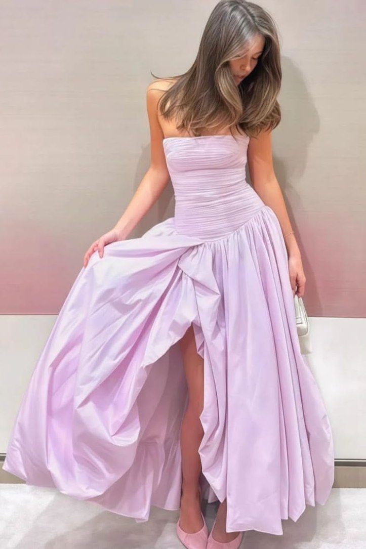 Classy Yellow A-Line Strapless Empire-Waist Satin Long Prom Dress with Slit