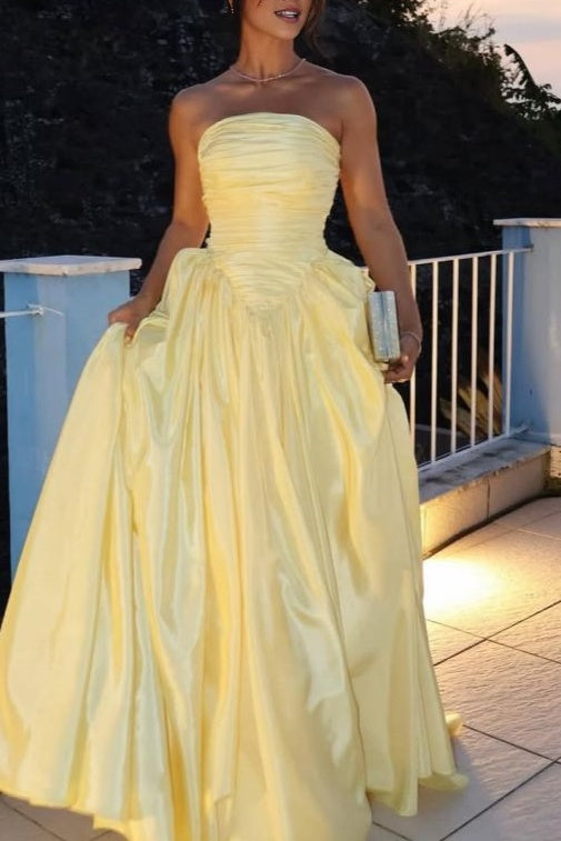 Yellow Strapless A-Line Empire-Waist Satin Pleated Evening Prom Dress Modsele Yellow Strapless A-Line Empire-Waist Satin Pleated Evening Prom Dress Modsele
