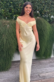 Elegant Off-Shoulder V-Neck Satin Pleats Long Party Prom Dress