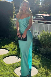 Elegant Off-Shoulder V-Neck Satin Pleats Long Party Prom Dress
